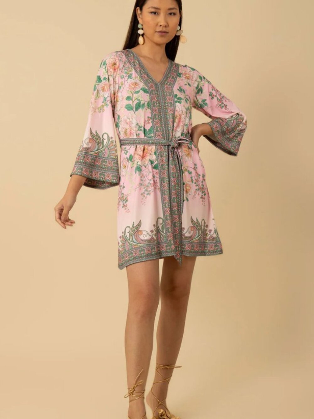 Hale Bob Pink Floral Belted Bell Sleeve Mini Dress Size S